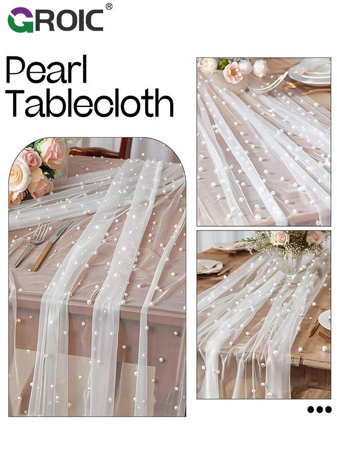 GROIC مفرش طاولة لؤلؤي، 75*300 سم، مفرش طاولة أبيض من التول الشفاف، زينة طاولة للحلويات مع قوس، زينة طاولة رومانسية لحفلات الزفاف، حفلات استقبال الأطفال، أعياد الميلاد، المنزل - Image 2